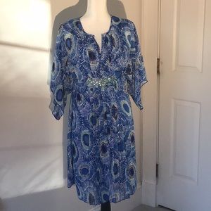 CHICO’S blue and green print dress with full slip